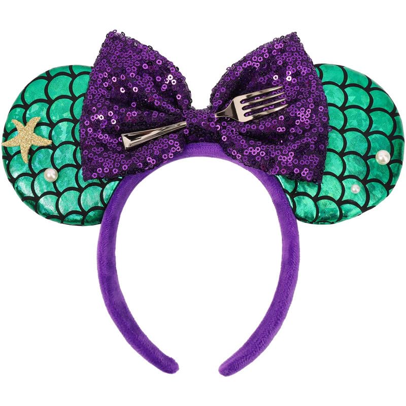ETLUK Mouse Ears Headband, Mermaid Inspired Mouse Ears Sequin Bow Headbands for Adult Women Girls, Cosplay, Park Ears Party Decorations - Image 1